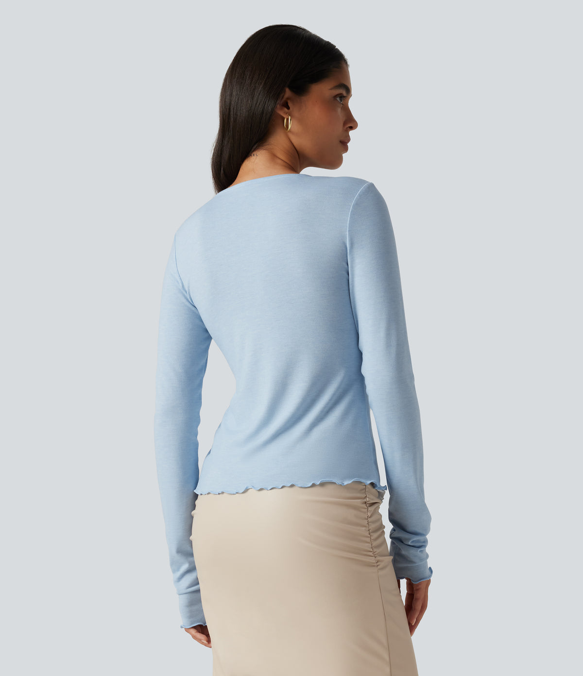 Round Neck Long Sleeve Contrast Lace Party Top — Cloudlight Blue — view 2