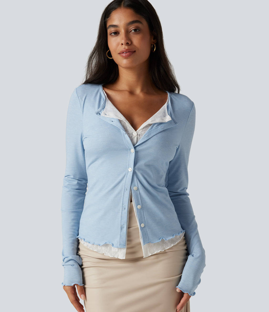 Round Neck Long Sleeve Contrast Lace Party Top — Cloudlight Blue — view 1