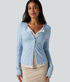 Round Neck Long Sleeve Contrast Lace Party Top — Cloudlight Blue — view 1