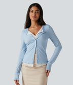 Round Neck Long Sleeve Contrast Lace Party Top — Cloudlight Blue — view 4