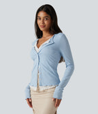 Round Neck Long Sleeve Contrast Lace Party Top — Cloudlight Blue — view 3
