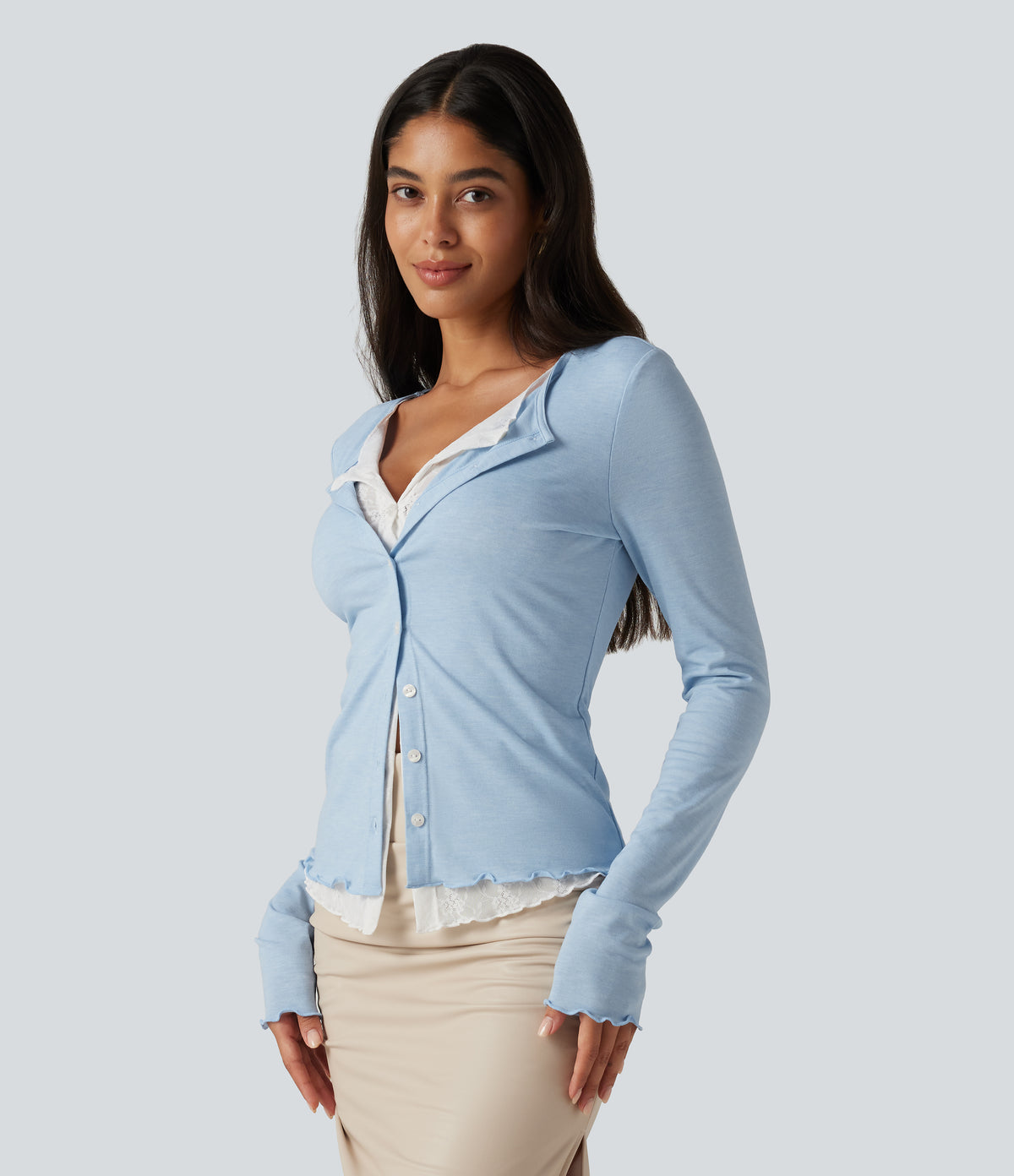 Round Neck Long Sleeve Contrast Lace Party Top — Cloudlight Blue — view 3