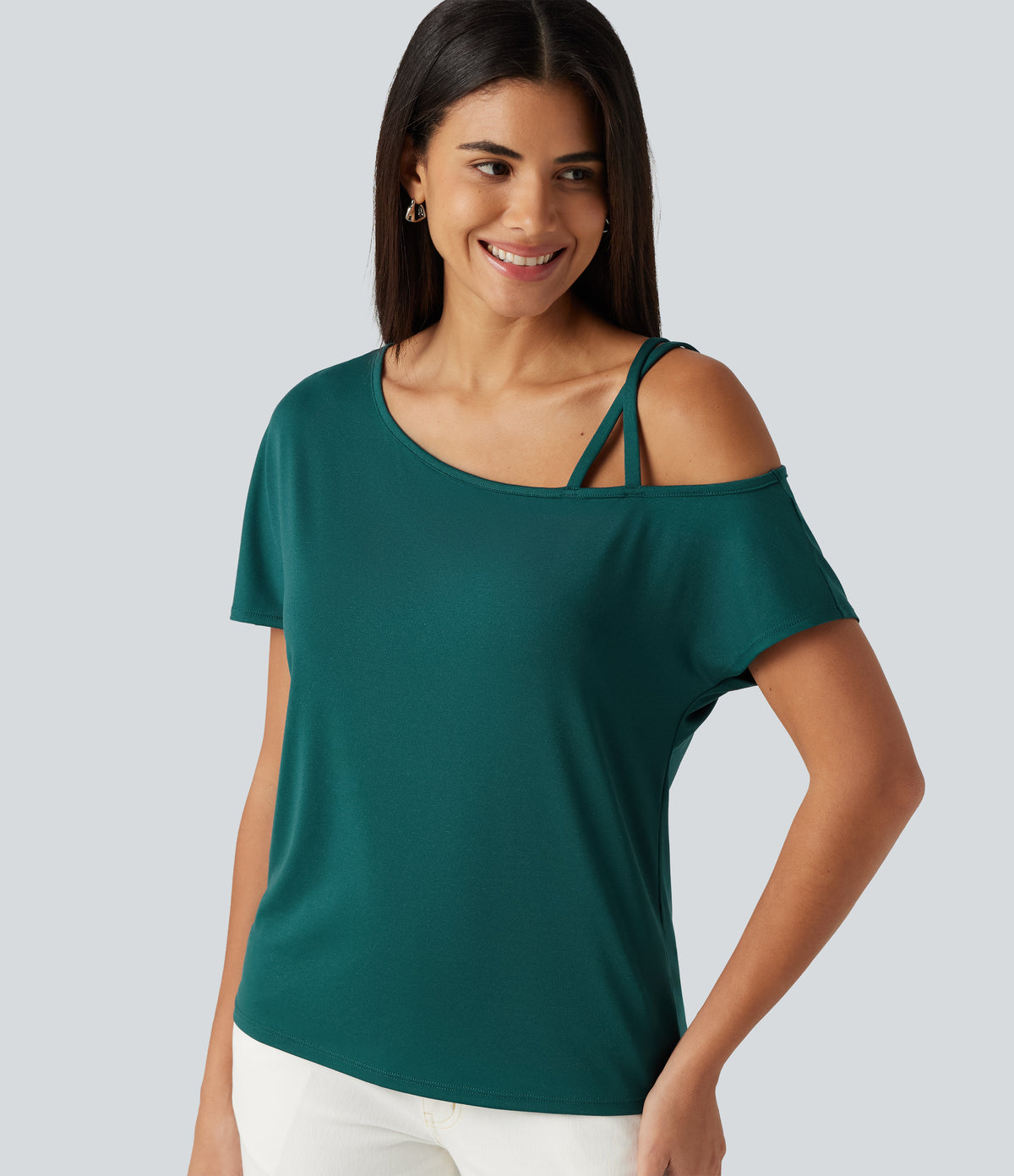 One Shoulder Crossover Short Sleeve Curved Hem Casual Top — June Bug — view 3