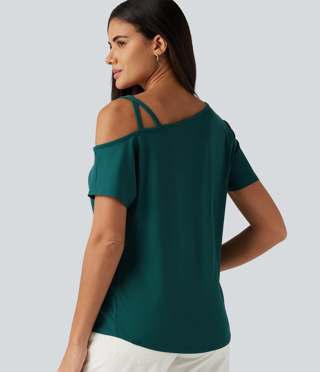 One Shoulder Crossover Short Sleeve Curved Hem Casual Top — June Bug — view 5