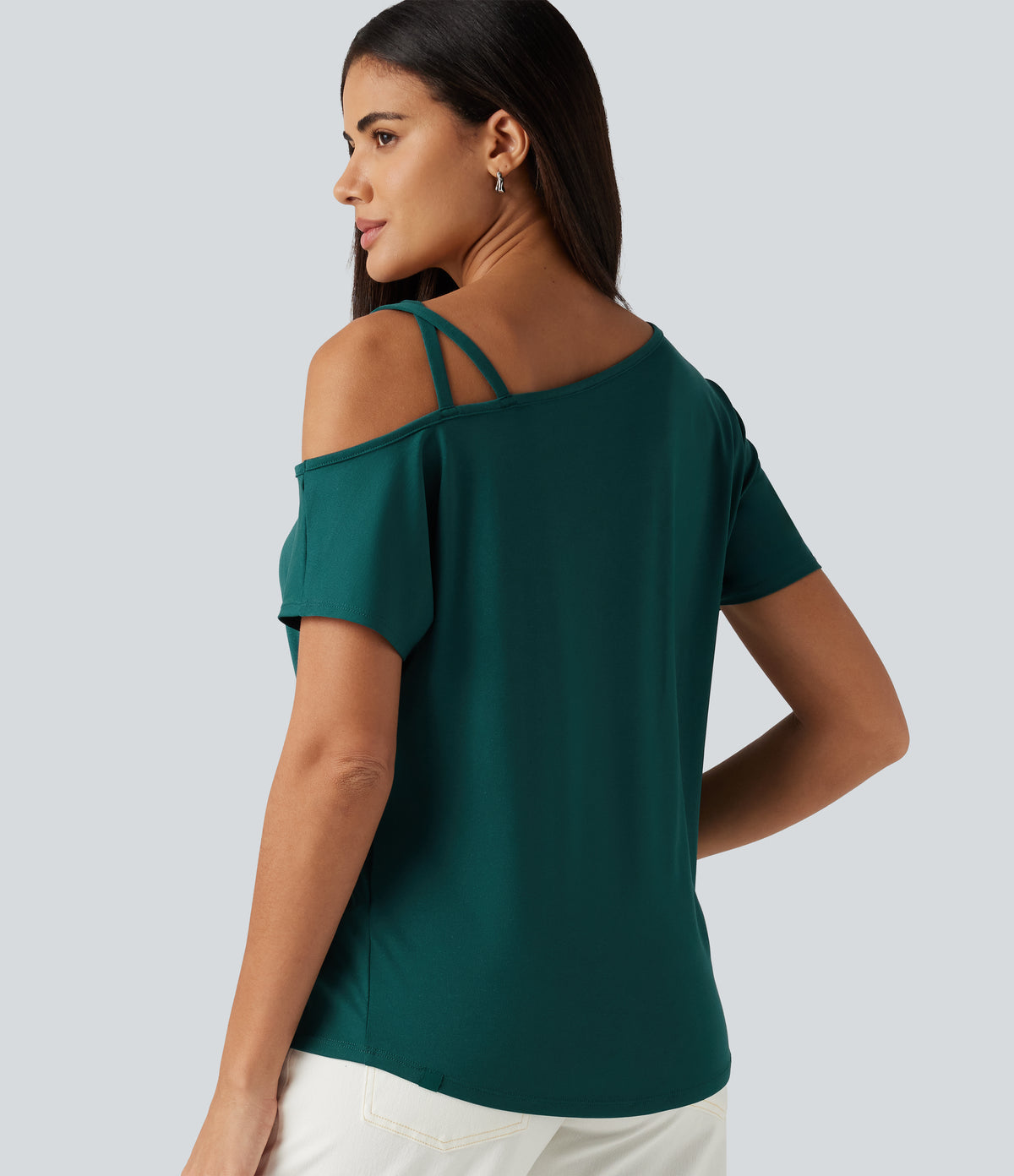 One Shoulder Crossover Short Sleeve Curved Hem Casual Top — June Bug — view 5