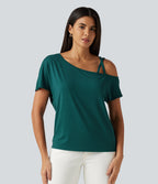 One Shoulder Crossover Short Sleeve Curved Hem Casual Top — June Bug — view 4