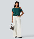 One Shoulder Crossover Short Sleeve Curved Hem Casual Top — June Bug — view 7