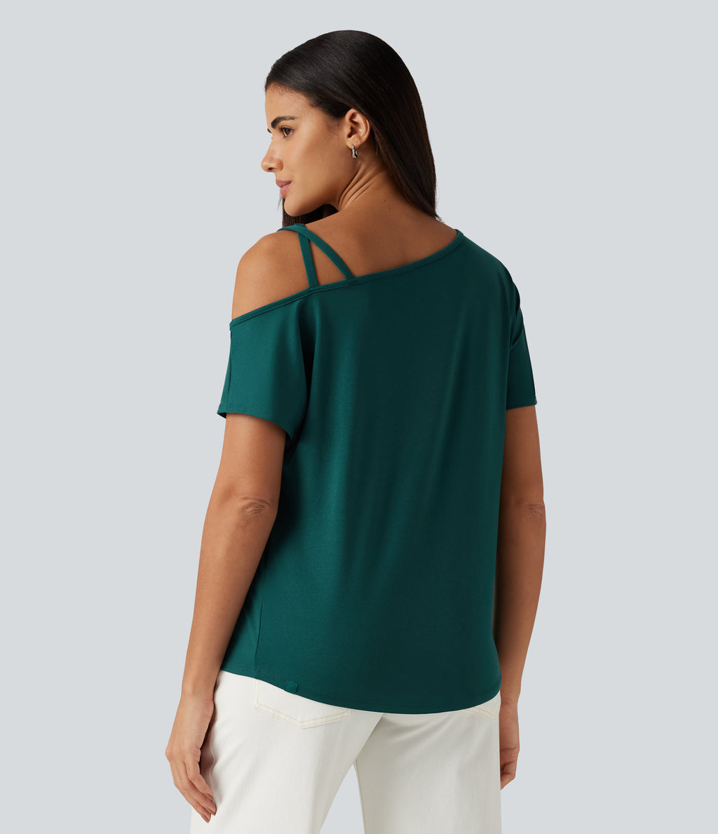 One Shoulder Crossover Short Sleeve Curved Hem Casual Top — June Bug — view 2