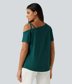 One Shoulder Crossover Short Sleeve Curved Hem Casual Top — June Bug — view 2