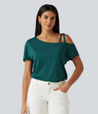 One Shoulder Crossover Short Sleeve Curved Hem Casual Top — June Bug — view 6