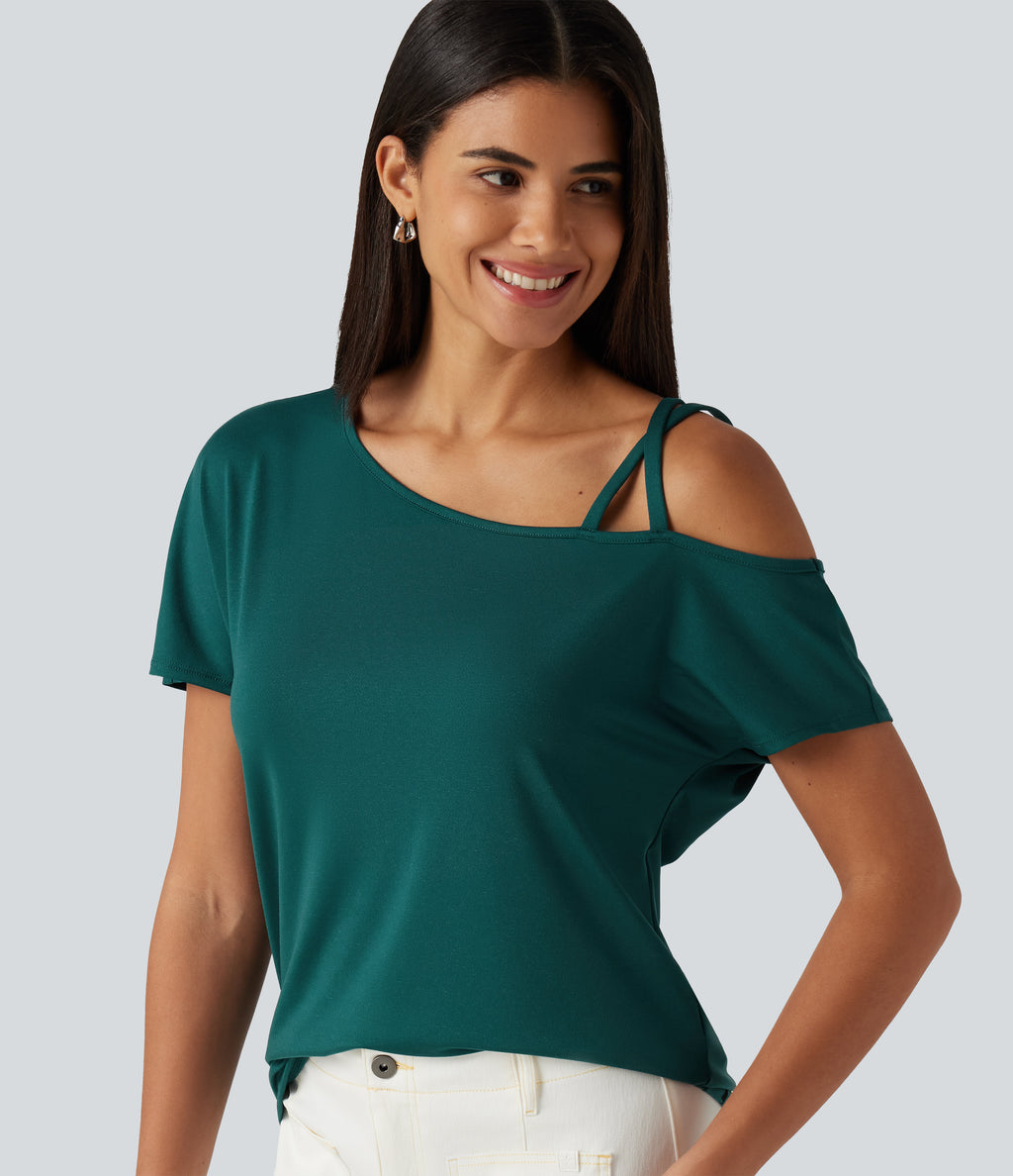 One Shoulder Crossover Short Sleeve Curved Hem Casual Top — June Bug — view 1