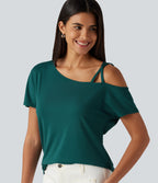 One Shoulder Crossover Short Sleeve Curved Hem Casual Top — June Bug — view 1