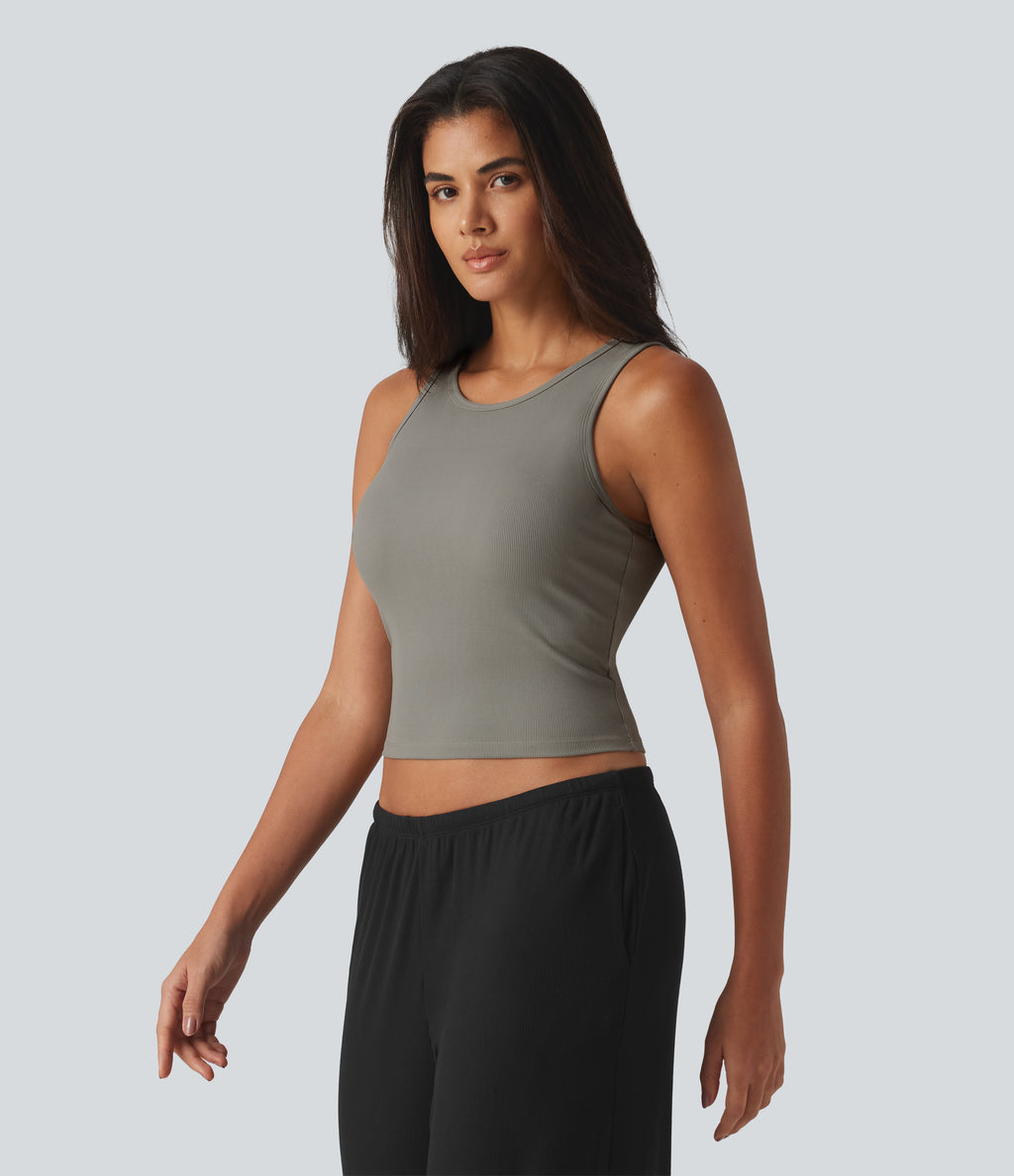 Ribbed Knit Round Neck Built-in Bra Cropped Casual Tank Top — Muted Olive Mist — view 3