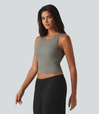 Ribbed Knit Round Neck Built-in Bra Cropped Casual Tank Top — Muted Olive Mist — view 3