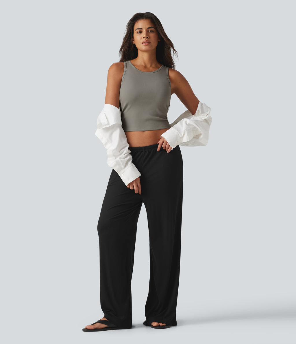 Ribbed Knit Round Neck Built-in Bra Cropped Casual Tank Top — Muted Olive Mist — view 7