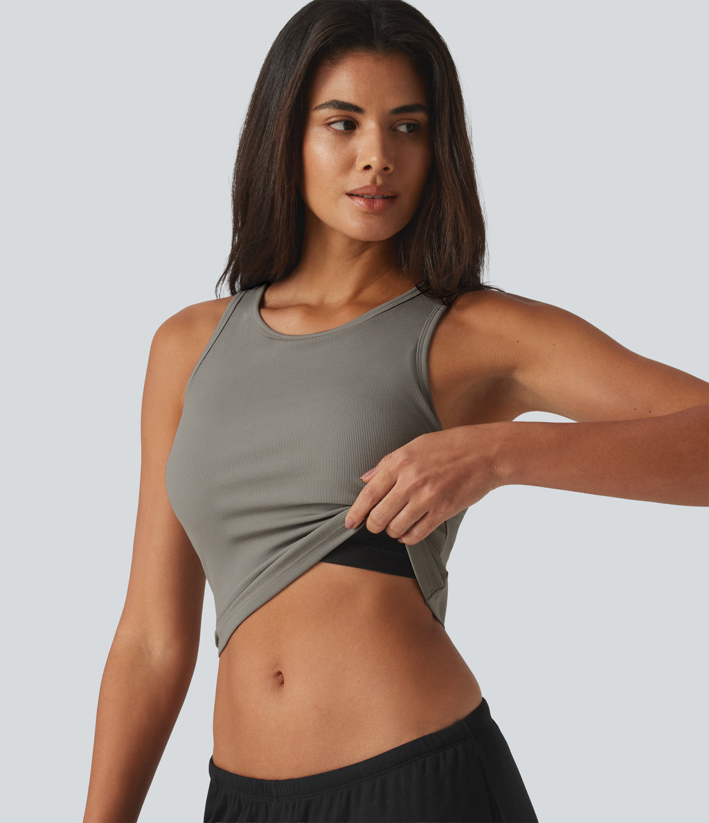 Ribbed Knit Round Neck Built-in Bra Cropped Casual Tank Top — Muted Olive Mist — view 1