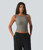 Ribbed Knit Round Neck Built-in Bra Cropped Casual Tank Top — Muted Olive Mist — view 5