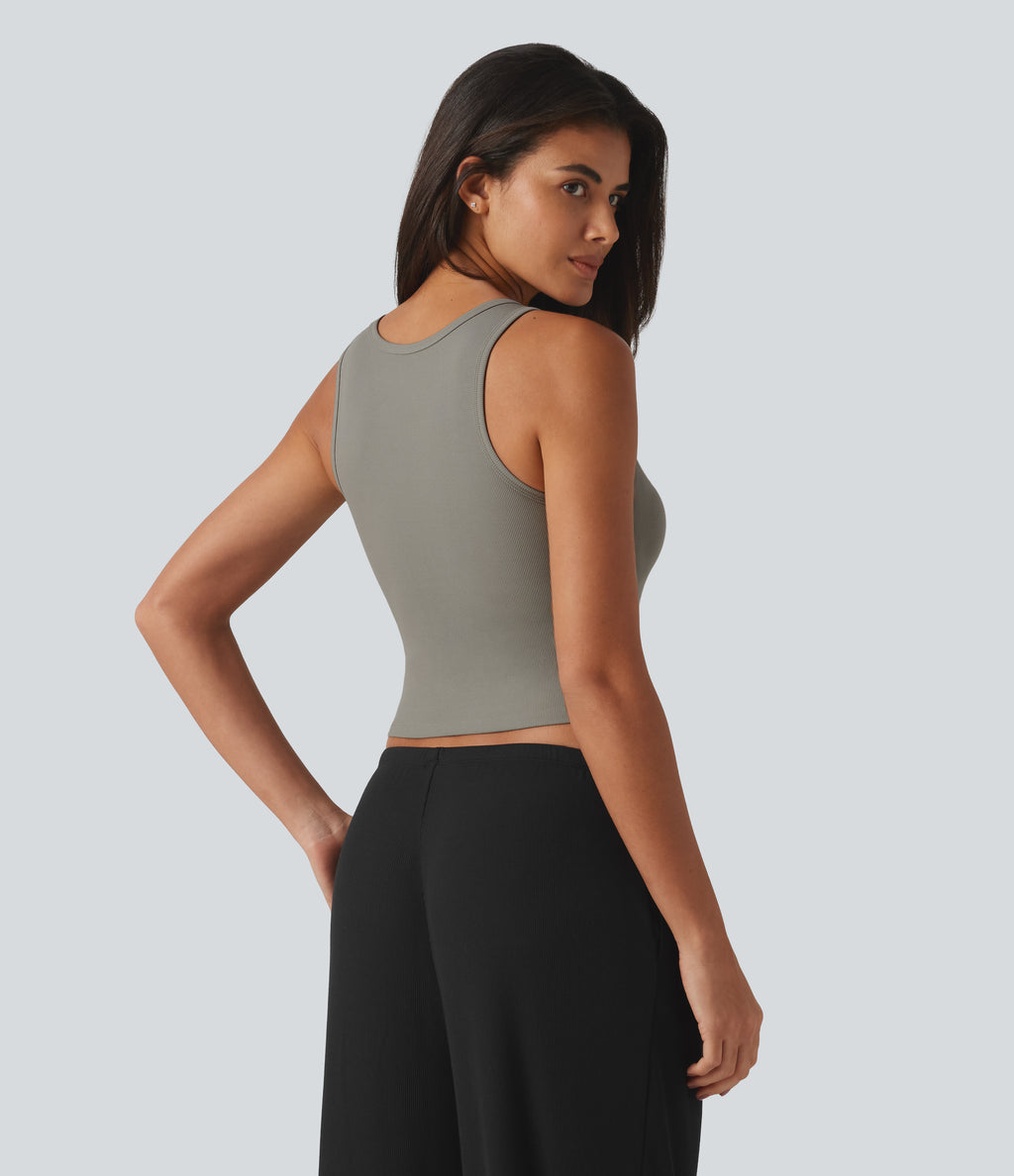 Ribbed Knit Round Neck Built-in Bra Cropped Casual Tank Top — Muted Olive Mist — view 2