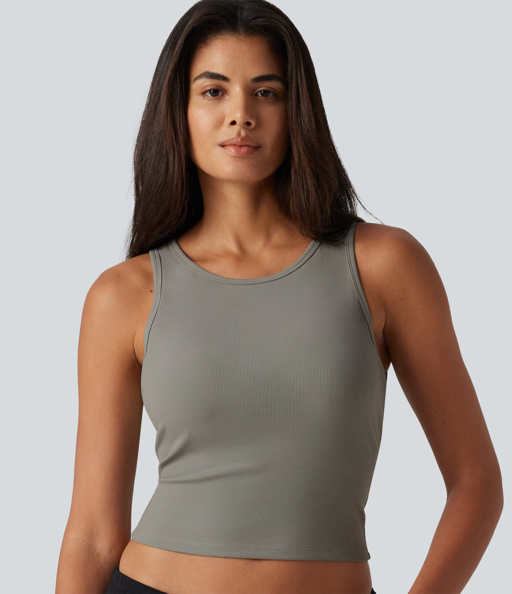 Ribbed Knit Round Neck Built-in Bra Cropped Casual Tank Top — Muted Olive Mist — view 4