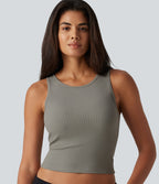 Ribbed Knit Round Neck Built-in Bra Cropped Casual Tank Top — Muted Olive Mist — view 4