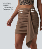 High Waisted Tummy Control Butt Lifting 2-in-1 Ruched Bodycon Micro Mini Party Skirt — Camellia Brown — view 3