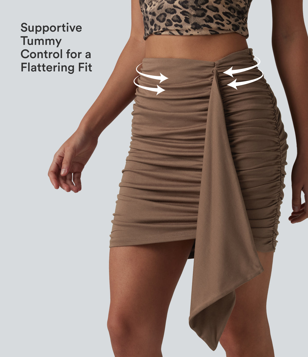 High Waisted Tummy Control Butt Lifting 2-in-1 Ruched Bodycon Micro Mini Party Skirt — Camellia Brown — view 3