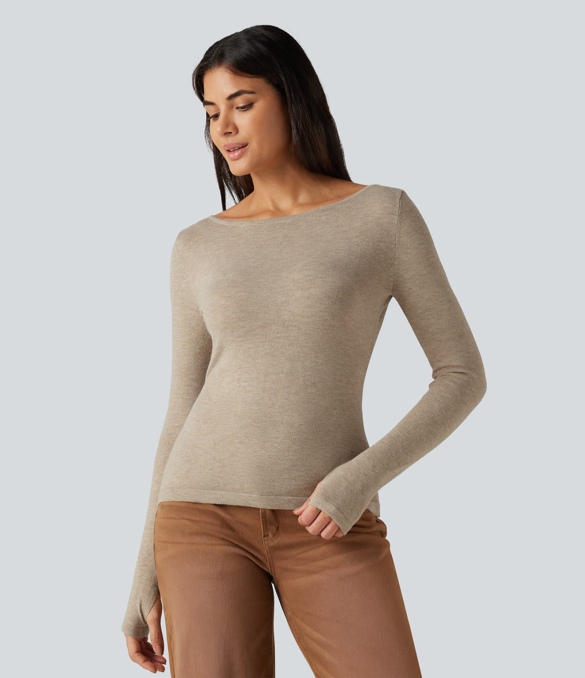 V Neck Long Sleeve Slim Casual Jumper — Oatmeal Khaki — view 6