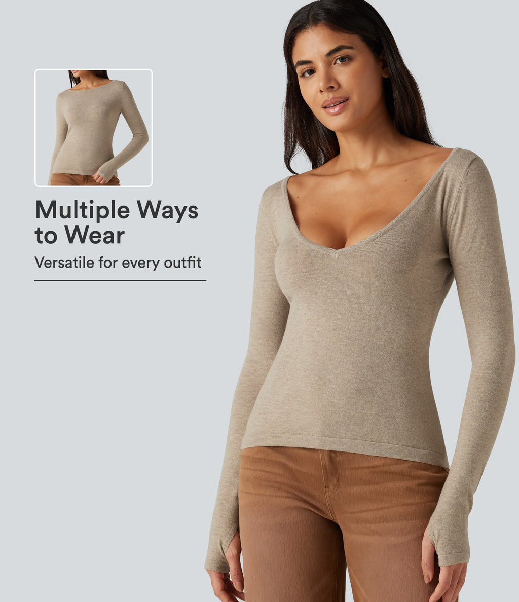 V Neck Long Sleeve Slim Casual Jumper — Oatmeal Khaki — view 1