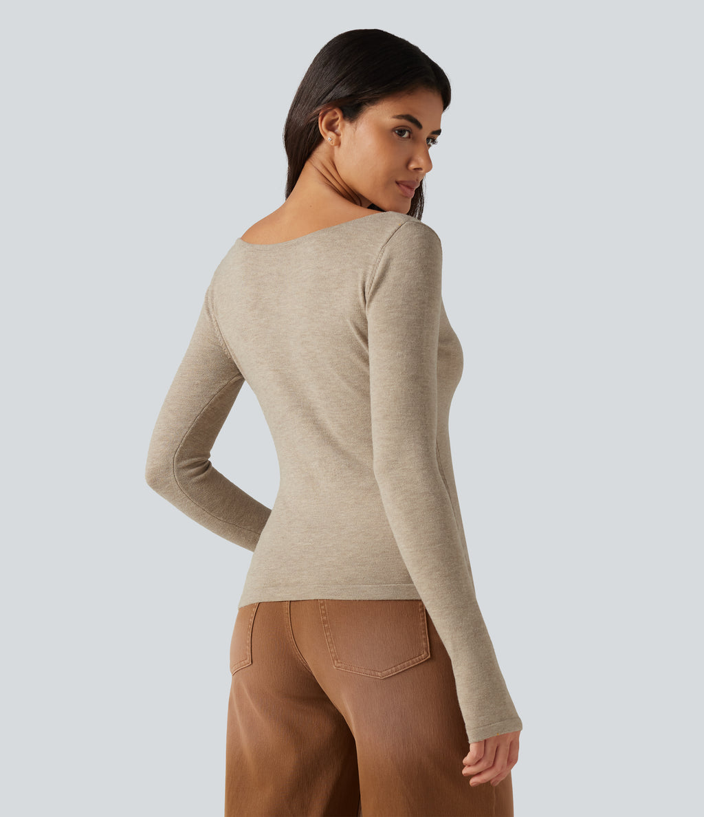 V Neck Long Sleeve Slim Casual Jumper — Oatmeal Khaki — view 2
