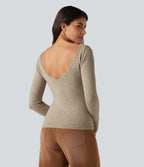 V Neck Long Sleeve Slim Casual Jumper — Oatmeal Khaki — view 5