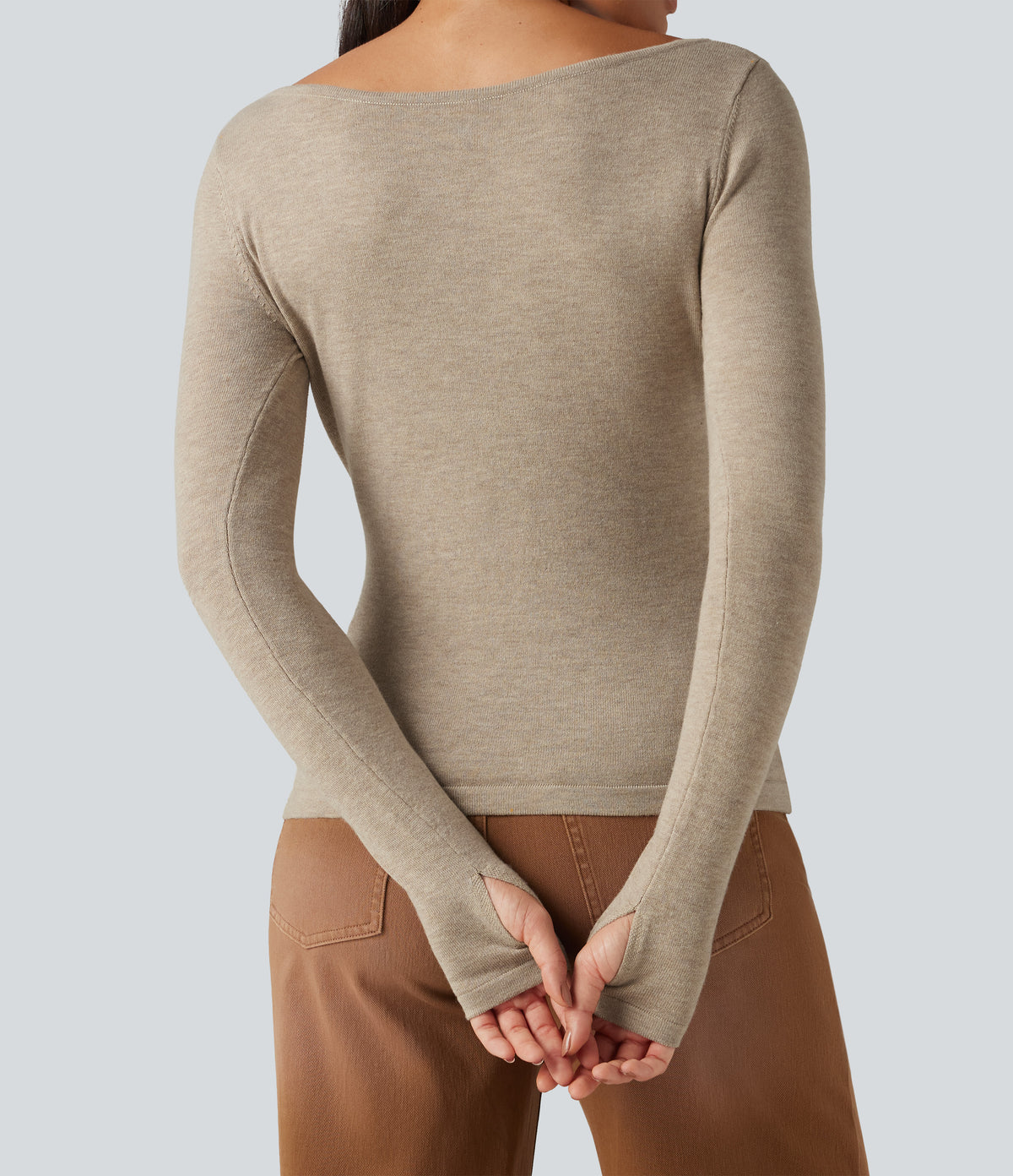 V Neck Long Sleeve Slim Casual Jumper — Oatmeal Khaki — view 7