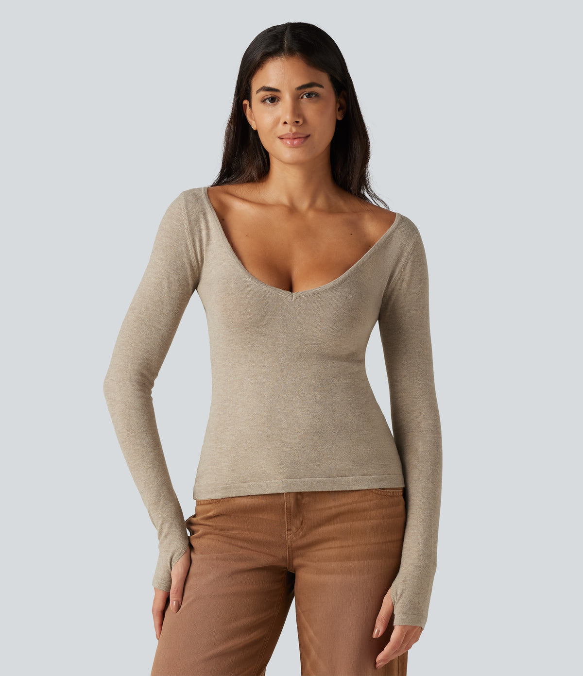 V Neck Long Sleeve Slim Casual Jumper — Oatmeal Khaki — view 4