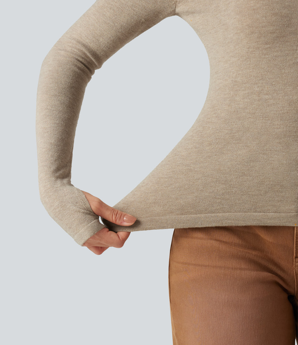 V Neck Long Sleeve Slim Casual Jumper — Oatmeal Khaki — view 8