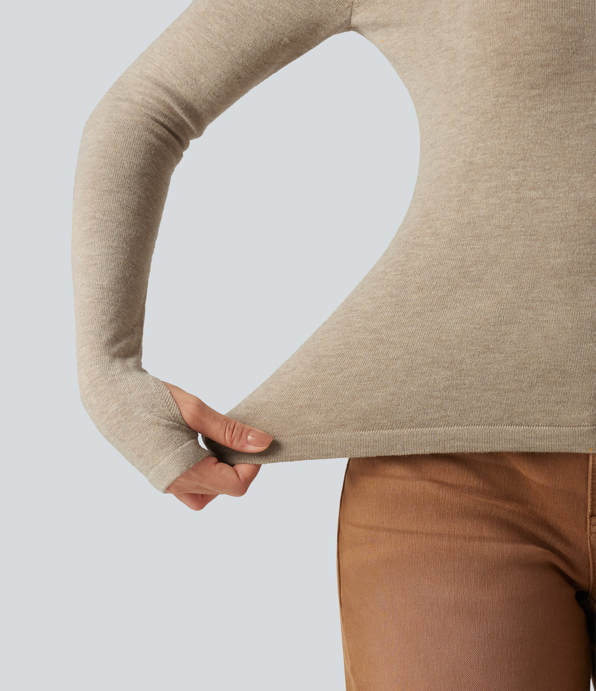 V Neck Long Sleeve Slim Casual Jumper — Oatmeal Khaki — view 8