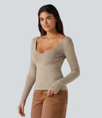 V Neck Long Sleeve Slim Casual Jumper — Oatmeal Khaki — view 3