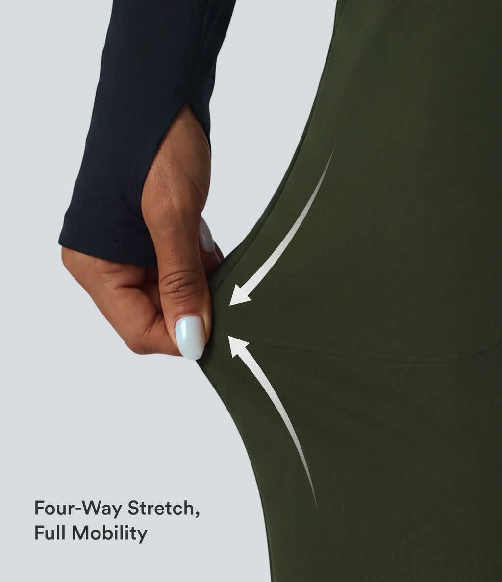 High Waisted Tummy Control Straight Leg Fleece Yoga Trousers with Pockets — Deep Woodland Green — view 8