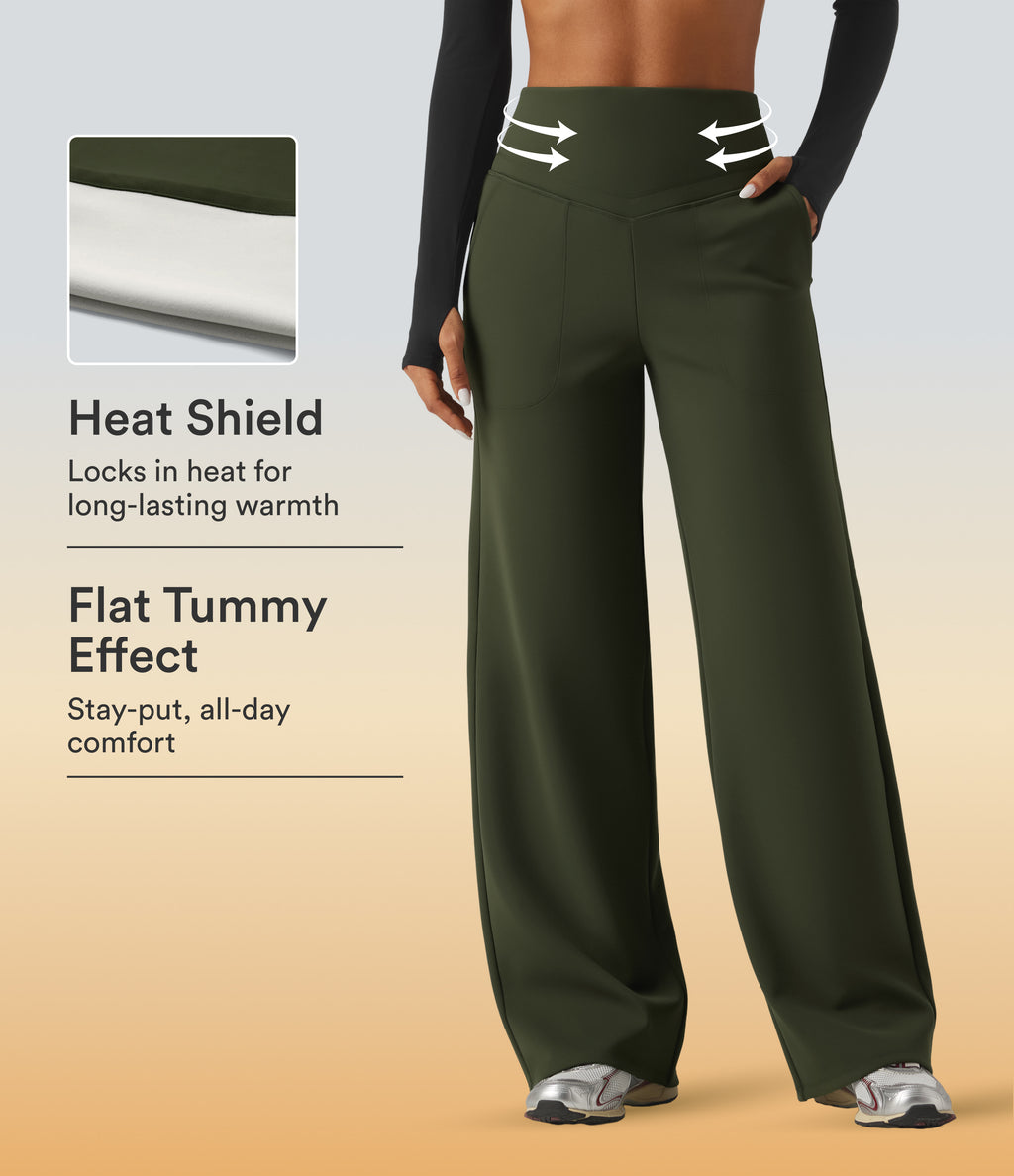 High Waisted Tummy Control Straight Leg Fleece Yoga Trousers with Pockets — Deep Woodland Green — view 1