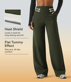 High Waisted Tummy Control Straight Leg Fleece Yoga Trousers with Pockets — Deep Woodland Green — view 1