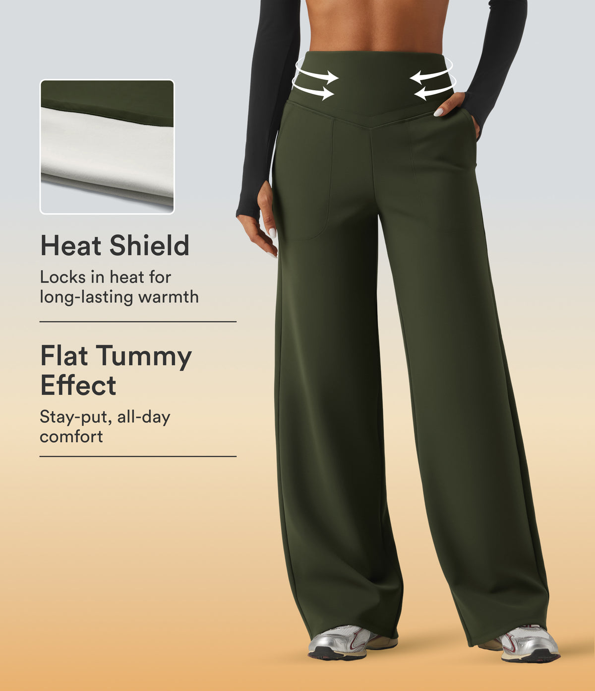 High Waisted Tummy Control Straight Leg Fleece Yoga Trousers with Pockets — Deep Woodland Green — view 1