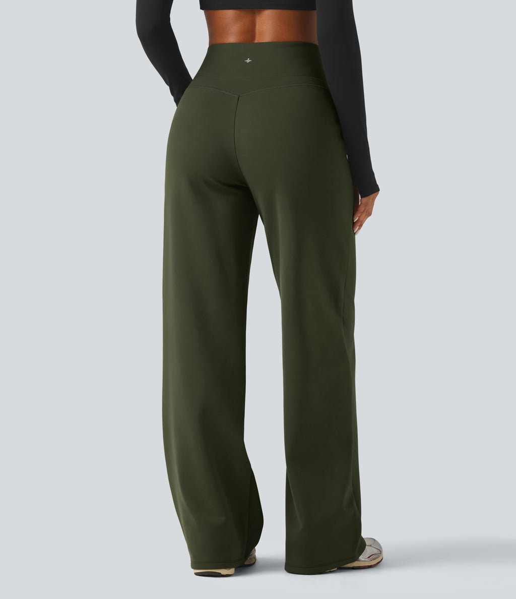 High Waisted Tummy Control Straight Leg Fleece Yoga Trousers with Pockets — Deep Woodland Green — view 2