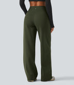 High Waisted Tummy Control Straight Leg Fleece Yoga Trousers with Pockets — Deep Woodland Green — view 2