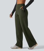 High Waisted Tummy Control Straight Leg Fleece Yoga Trousers with Pockets — Deep Woodland Green — view 3