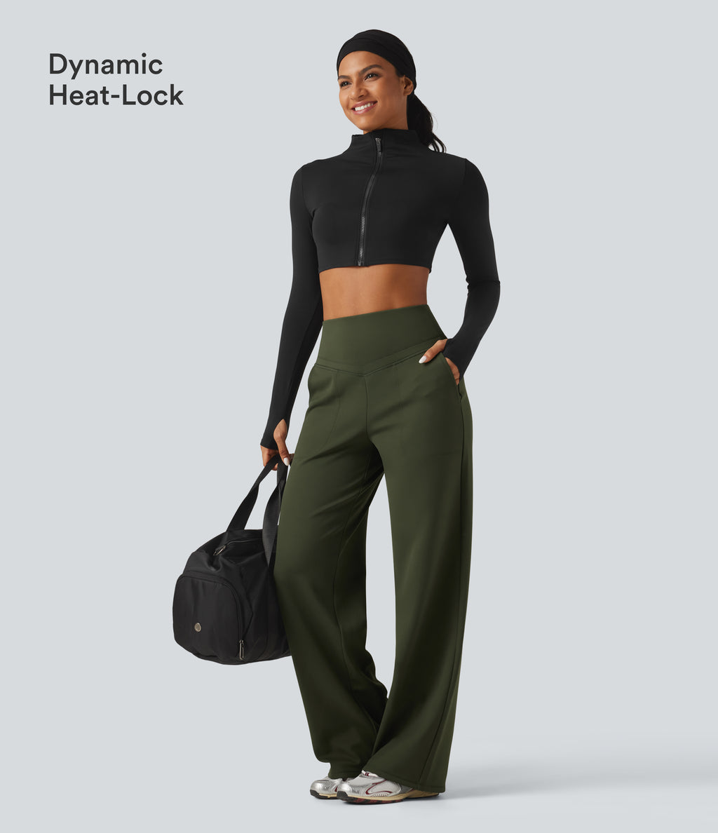 High Waisted Tummy Control Straight Leg Fleece Yoga Trousers with Pockets — Deep Woodland Green — view 4