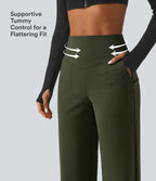 High Waisted Tummy Control Straight Leg Fleece Yoga Trousers with Pockets — Deep Woodland Green — view 5