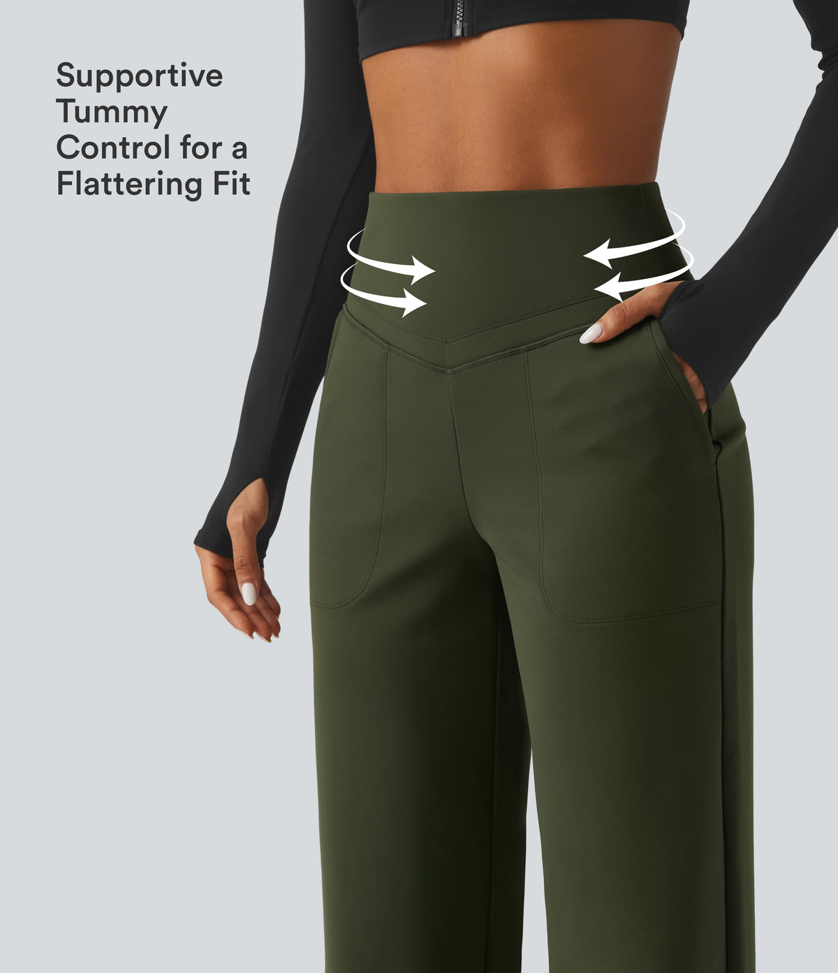 High Waisted Tummy Control Straight Leg Fleece Yoga Trousers with Pockets — Deep Woodland Green — view 5