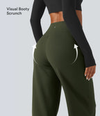High Waisted Tummy Control Straight Leg Fleece Yoga Trousers with Pockets — Deep Woodland Green — view 6