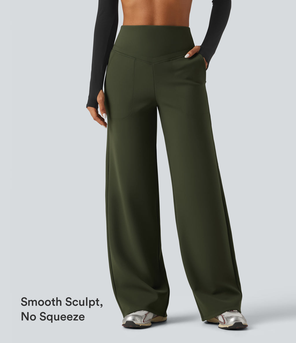 High Waisted Tummy Control Straight Leg Fleece Yoga Trousers with Pockets — Deep Woodland Green — view 7