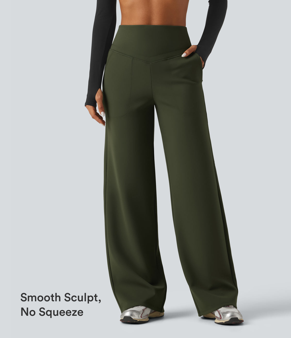 High Waisted Tummy Control Straight Leg Fleece Yoga Trousers with Pockets — Deep Woodland Green — view 7