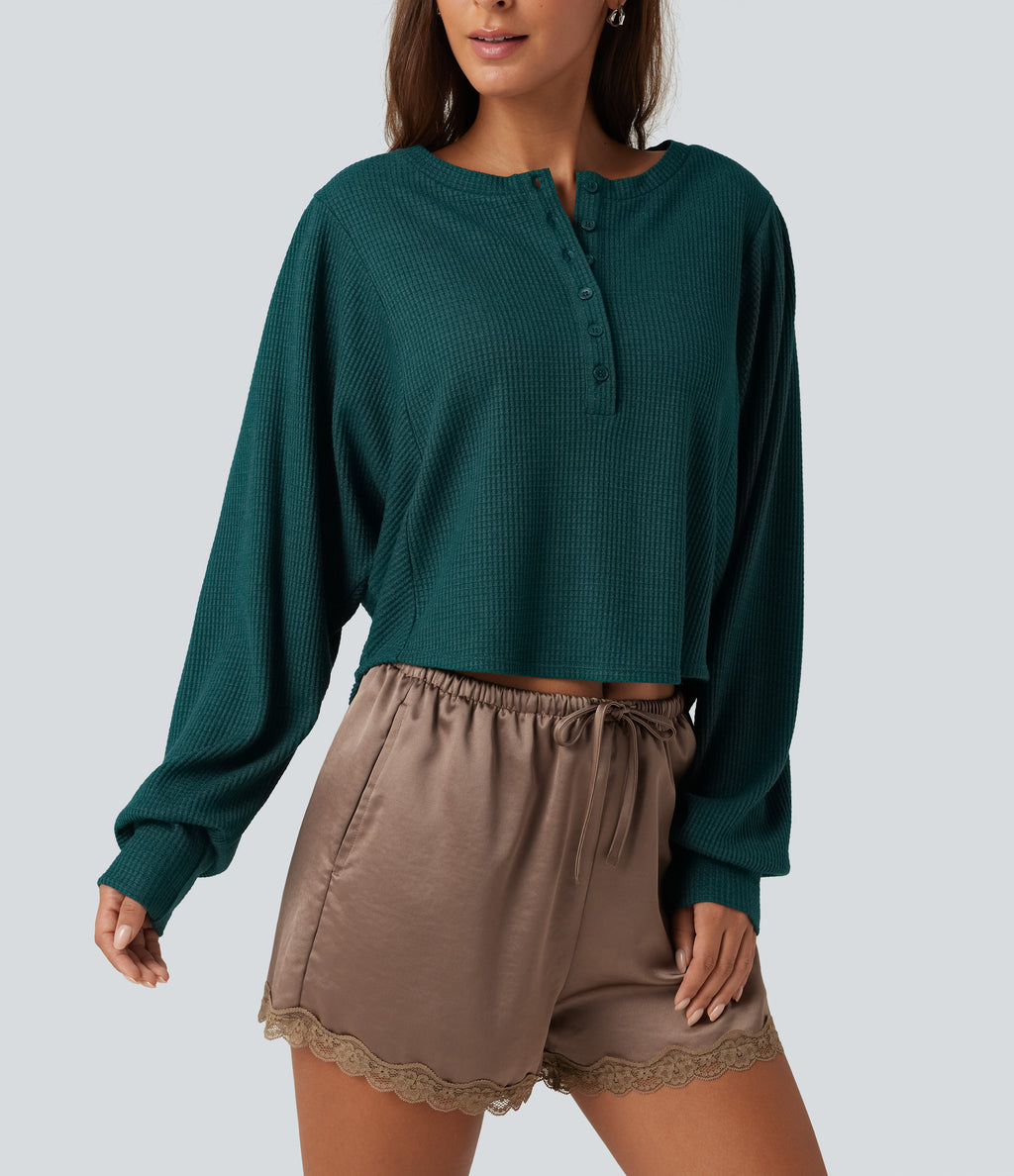 Henley Neck Long Sleeve Ruched Curved Hem Waffle Lounge Top — Dark Sea — view 5