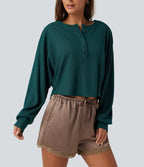 Henley Neck Long Sleeve Ruched Curved Hem Waffle Lounge Top — Dark Sea — view 5